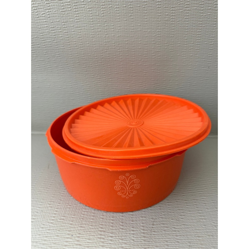 Vintage Tupperware Orange Servalier Bowl with Sunburst Lid 8 Inch